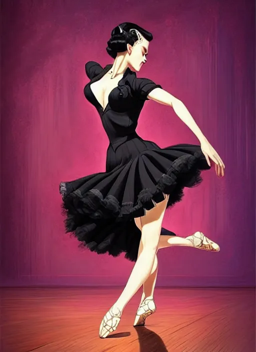 Image similar to a beautiful dancer with black hair in 1940's fashion, ballroom background, intricate, highly detailed, digital painting, artstation, official media, anime key visual, concept art, rich vivid colors, ambient lighting, sharp focus, illustration, art by Artgerm, Makoto Shinkai, Ilya Kuvshinov, Lois Van Baarle, and Rossdraws