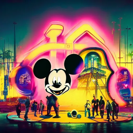 Prompt: a group of people standing around a giant one - eyed mickey mouse, cyberpunk art by david lachapelle, cgsociety, dystopian art, netflix neon logo concept art, neons, interior