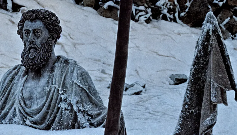 Prompt: 1 9 6 0 s movie still close up of marcus aurelius wearing dark drapery frozen to death under the snow by the side of a river with gravel, pine forests, cinestill 8 0 0 t 3 5 mm, high quality, heavy grain, high detail, texture, dramatic light, anamorphic, hyperrealistic, detailed hair, bright sun