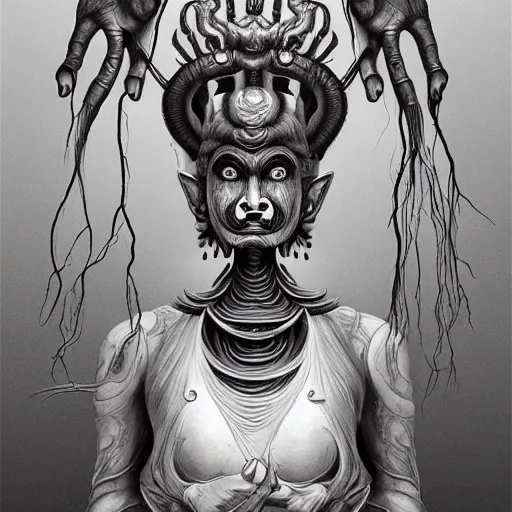 Image similar to naraka buddhist demon korean female, happy female alien, tubular creature, blood vessels, no face, dystopian surrealism, alex ries zdzisław beksinski, symmetrical long head, smooth marble surfaces, smooth marble surfaces, detailed ink illustration, detailed ink illustration, raiden metal gear, cinematic smooth stone, deep aesthetic, concept art, intricate