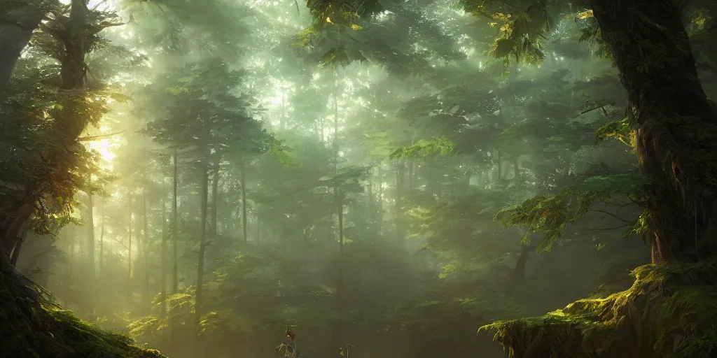 Image similar to a forest, detailed oil painting, hyperrealistic, breathtaking, volumetric lighting, Studio Ghibli, Jessica Rossier, digital art, octane render, epic composition, trending on artstation, masterpiece