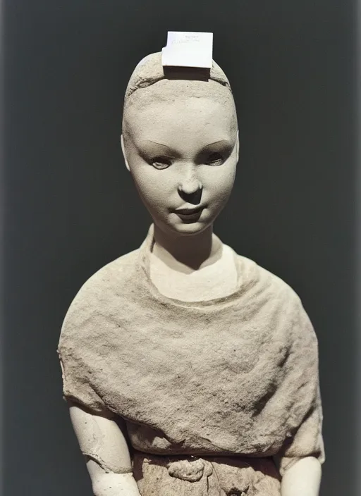 Image similar to realistic photo of a a ancient girl sculpture doll made of white clay, holding a pigeon, greyscale grain 1 9 6 0, life magazine photo, natural colors, metropolitan museum, kodak