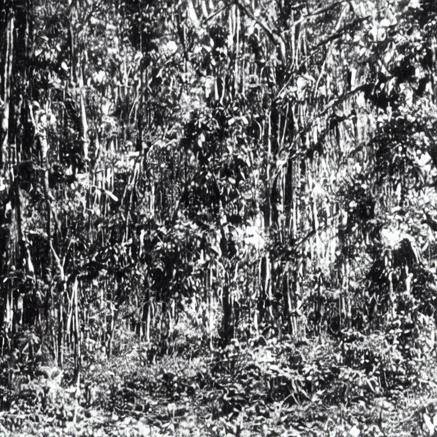 Prompt: a lost film footage from an object used by an indigenous tribe in the tropical forest, film still, cinematic, out of focus, enhanced, 1 9 2 0 s, black and white, grain