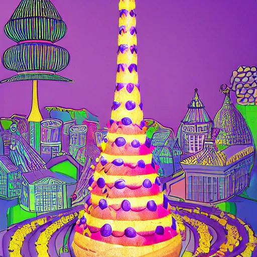 Prompt: The kinetic sculpture depicts a city made entirely out of kulich, a traditional Russian Easter bread. The city is bustling with activity, as people go about their day-to-day lives. The illustration is playful and whimsical, with a touch of magic. studio lighting, neon purple by Cindy Sherman chaotic