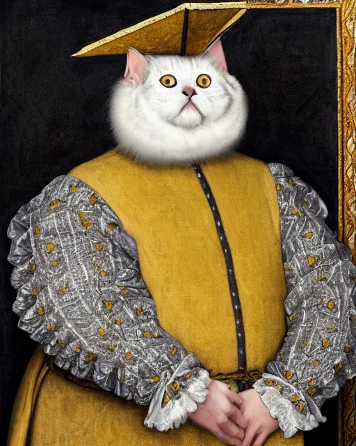 Image similar to fat gray cat with yellow eyes dressed like henry viii, tudor period menswear, hans holbein the younger, greg rutkowski, royal portrait, painting