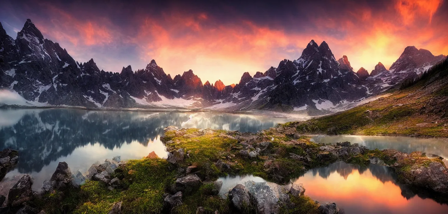 Image similar to amazing landscape photo of mountains with lake in sunset by marc adamus, beautiful dramatic lighting