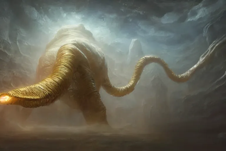 Prompt: ultra realist soft painting of a single eldrich gigantic creature, floating in the depth of space, very intricate details, dense fog, golden ratio, volumetric cinematic lighting, reflections, refractions, symmetry accurate anatomy features, omnious background, unreal render