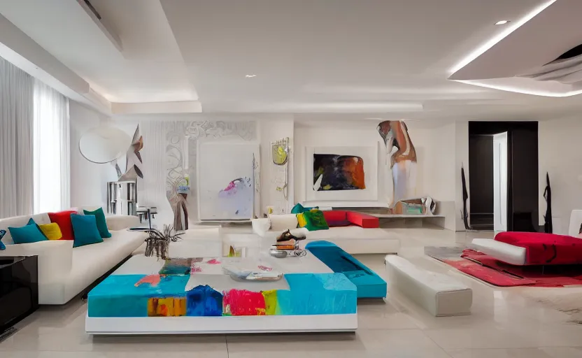 Prompt: Interior shot of a white boujee mansion with modern colorful furniture, very coherent,painted by DotPigeon airbrush