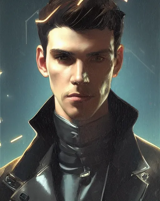 Prompt: '' Face portrait of a young handsome detective with a black leather coat, neck chains, short hair , sci-fy, cyber punk, high detail, digital painting, artstation, concept art, sharp focus, illustration, art by greg rutkowski and alphonse mucha ''