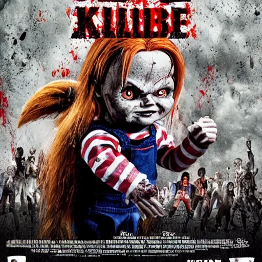 Prompt: Chucky the killer doll VS Zombies movie poster