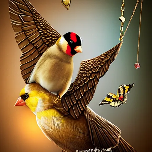 Image similar to goldfinch with a message inside is decorated with jewels and hangs from the neck of a valkyrie with armor, in the background you can see the fountain of a park. digital art, fantasy art, photo realistic, dynamic lighting, artstation, poster, volumetric lighting, hyperrealistic, 4 k, award winning