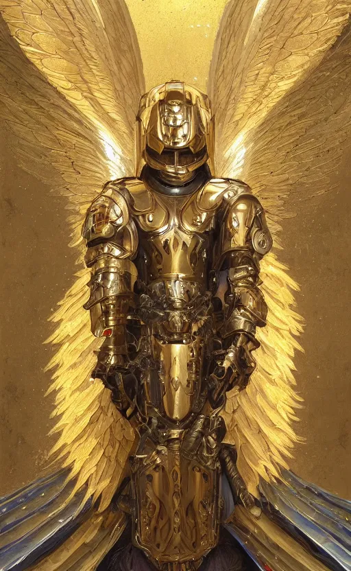 Image similar to Portrait of an archangel with golden wings, heavy armor and helmet, confident, heaven background, intricate, headshot, highly detailed, digital painting, artstation, concept art, sharp focus, cinematic lighting, illustration, art by artgerm and greg rutkowski, alphonse mucha, cgsociety