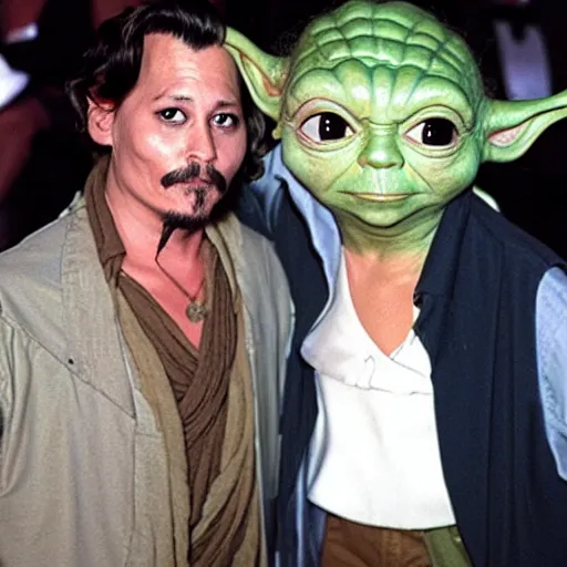 Image similar to Yoda hanging out with Johnny Depp