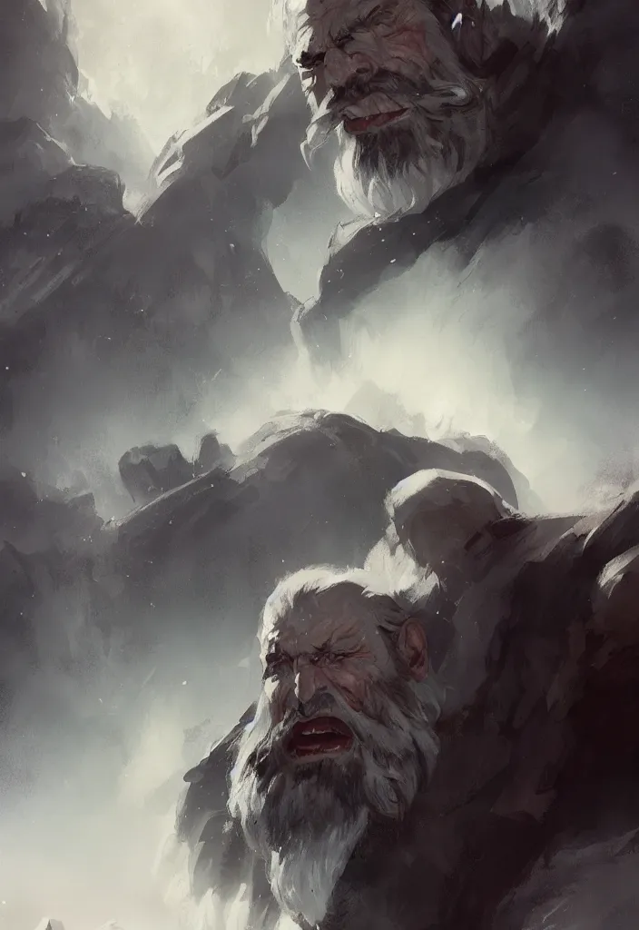 Image similar to portrait of ice giant, bearded face, concept art in style of Greg Rutkowski, John Singer Sargant, painted by Frazetta, trending on artstation