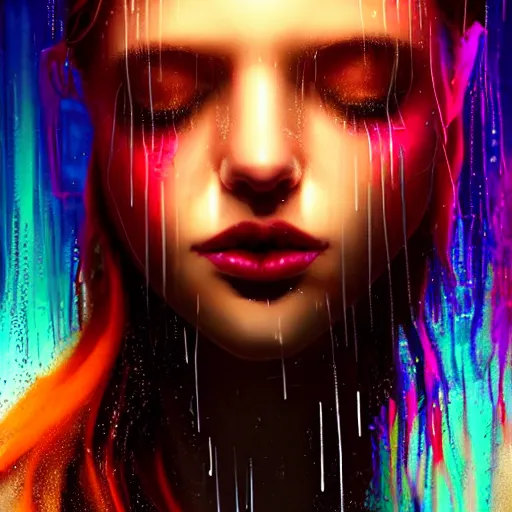 Image similar to bright asthetic portrait LSD glowing backlit rain on face and wet hair in strands, overhead lighting, fantasy, intricate, elegant, dramatic lighting, highly detailed, lifelike, photorealistic, digital painting, artstation, illustration, concept art, smooth, sharp focus, art by John Collier and Albert Aublet and Krenz Cushart and Artem Demura and Alphonse Mucha