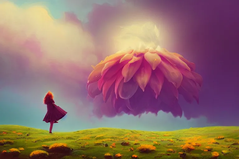 Image similar to giant dahlia flower as a head, girl walking on mountain, surreal photography, stars, dramatic light, impressionist painting, storm clouds, digital painting, artstation, simon stalenhag