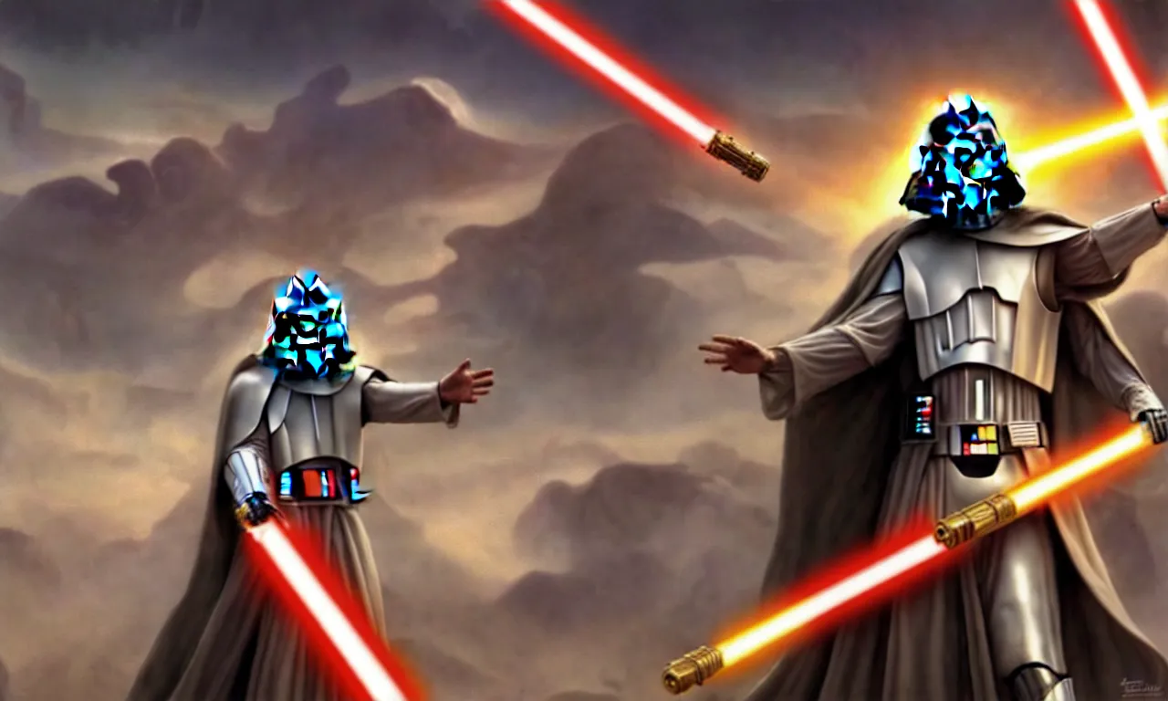 Image similar to darth jesus with a gold lightsaber and a white cape leading a storm trooper crusade army, heavenly battle scene, cinematic concept art