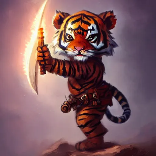 Image similar to cute little anthropomorphic Tiger Warrior, ultra wide lens shot , tiny, small, short, cute and adorable, pretty, beautiful, DnD character art portrait, matte fantasy painting, DeviantArt Artstation, by Jason Felix by Steve Argyle by Tyler Jacobson by Peter Mohrbacher, cinematic lighting