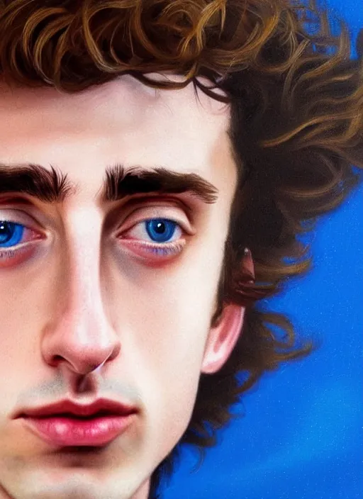 Image similar to hyperrealistic close-up TIMOTHEE CHALAMET with long BLONDE hair & blue eyes! highly detailed concept art eric zener elson peter cinematic hard blue lighting high angle hd 8k sharp shallow depth of field, inspired by David Paul Cronenberg and Zdzisław Beksiński