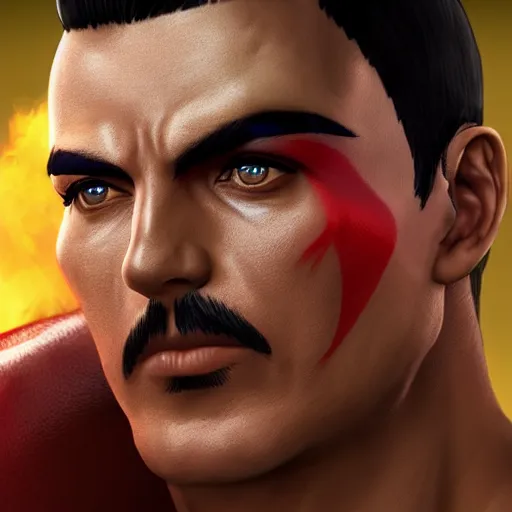 Prompt: freddy mercury as ryu street fighter, face detail, ultra realistic, concept art, intricate details, highly detailed, photorealistic, octane render, 8 k, unreal engine, art by frank frazetta, simon bisley, brom