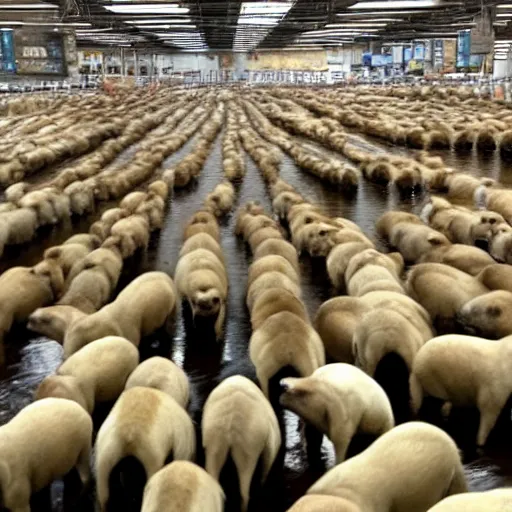 Image similar to a capybara flood, huge amount of capybara! running down a target aisle