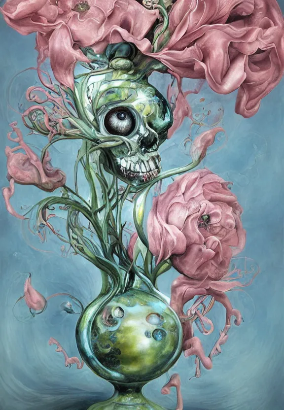 Image similar to a biomorphic painting of a vase with flowers and eyeballs in it, a surrealist painting by marco mazzoni, by dorothea tanning, pastel blues and pinks, lips, melting, plastic, skull, featured on artstation, metaphysical painting, oil on canvas, fluid acrylic pour art, airbrush art, seapunk, rococo, lovecraftian