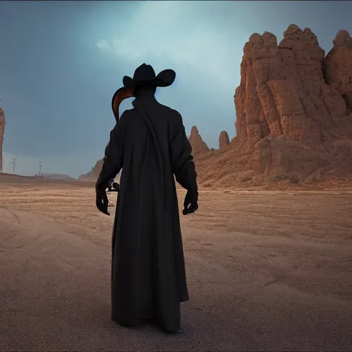 Prompt: a plague doctor cowboy standing near a western town in the desert, dynamic lights, ray tracing, photorealistic art, hyper realism, cinematic concept art