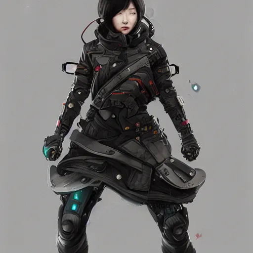 Image similar to cyborg Korean female wearing heavy techwear jacket, intricate, elegant, highly detailed, digital painting, artstation, concept art, smooth, sharp focus, illustration, art by artgerm and greg rutkowski and alphonse mucha