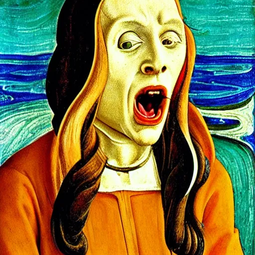 Image similar to The Scream by Sandro Botticelli, detailed, accurate, award wining, original modern artwork, rgb, ethereal lighting