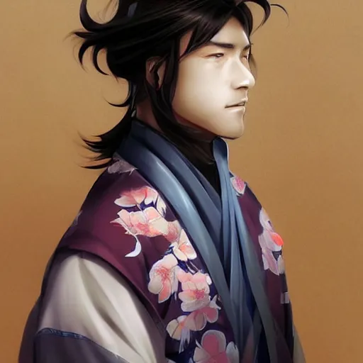 Image similar to A realistic anime portrait of a handsome japanese with a human face wearing a kimono, digital painting, by Stanley Artgerm Lau, WLOP, and Rossdraws, digtial painting, trending on ArtStation, deviantart