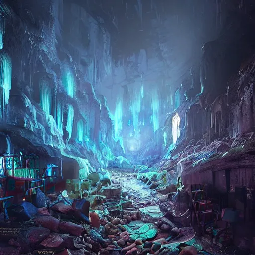 Prompt: “realistic image of city in a giant underground cave, bioluminescence, mushrooms, crystals, roots, Artstation HQ, photorealistic, hiperrealistic, 4k UHD, Unreal Engine 5, dark tones, high contrast”