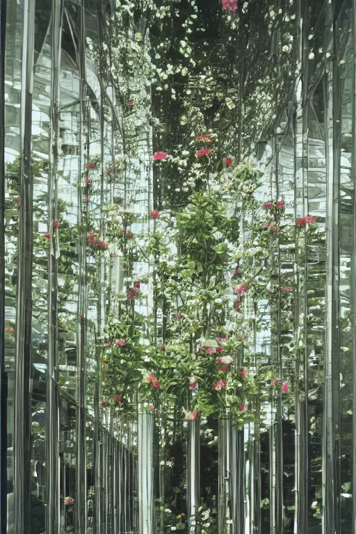 Prompt: Medium Format Portrait Photo of a modern architectural interior made of mirrors with many beautiful plants and flowers. award winning, slim Arrons style, highly detailed, depth of field, Kodachrome, wide shot, photo print.