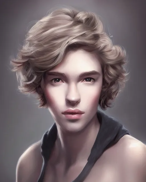 Image similar to portrait painting of an androgynous 2 2 year old with short dark curly hair and pale skin, artgerm, deviantart, artstation