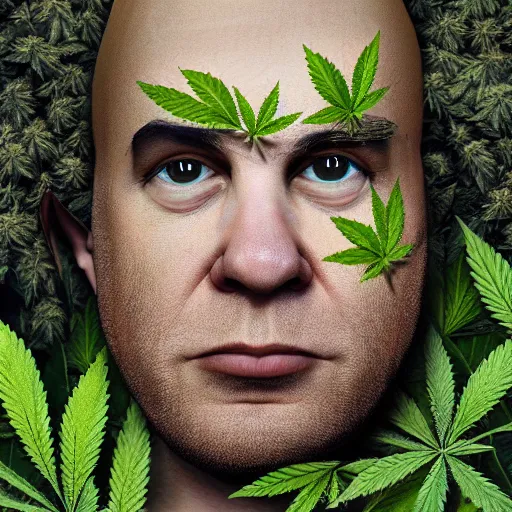 Image similar to Shreck dressed in Marijuana leaves, portrait, ultra realism