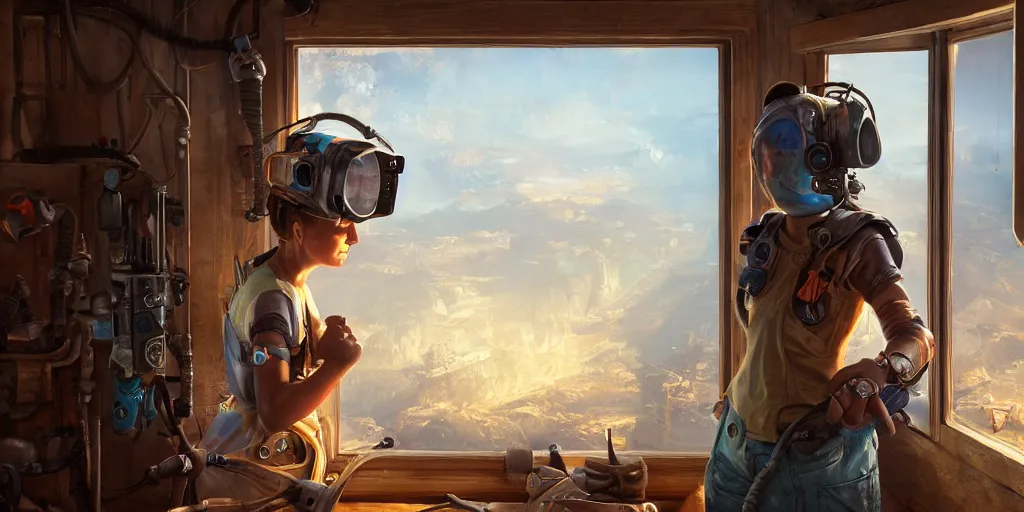 Prompt: highly detailed portrait painting of welder girl, room mono window, by eddie mendoza and tyler edlin, 8 k resolution