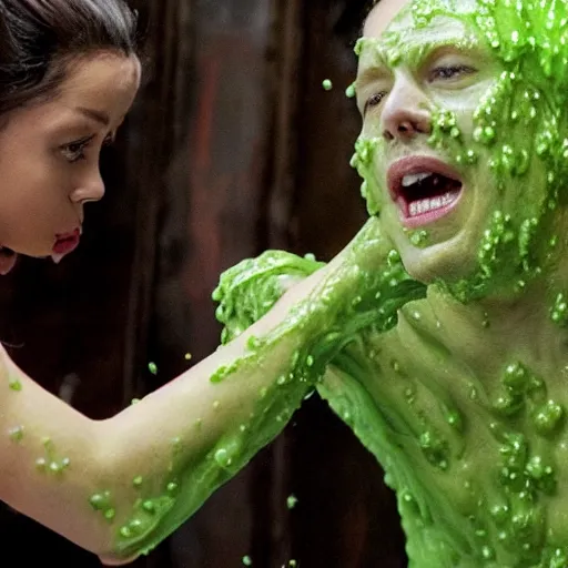 Prompt: big budget body horror movie. Production photograph. Slime.