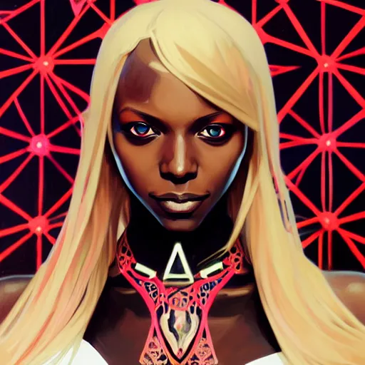 Image similar to Character Portrait of Ramlethal Valentine of Guilty Gears surrounded by geometric nodes, face, fantasy, intricate, elegant, highly detailed, digital painting, artstation, concept art, smooth, sharp focus, illustration, art by Gregory Manchess and Fernanda Suarez and Artem Demura and alphonse mucha