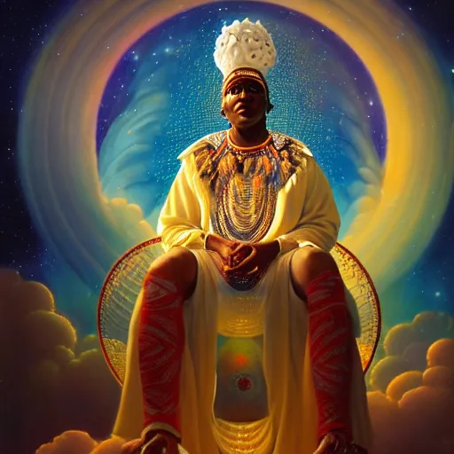 Image similar to obatala the cosmic god sitting on a throne of nebula clouds, by Adi granov and thomas blackshear and afarin sajedi, matte painting, orisha, 8k, hd