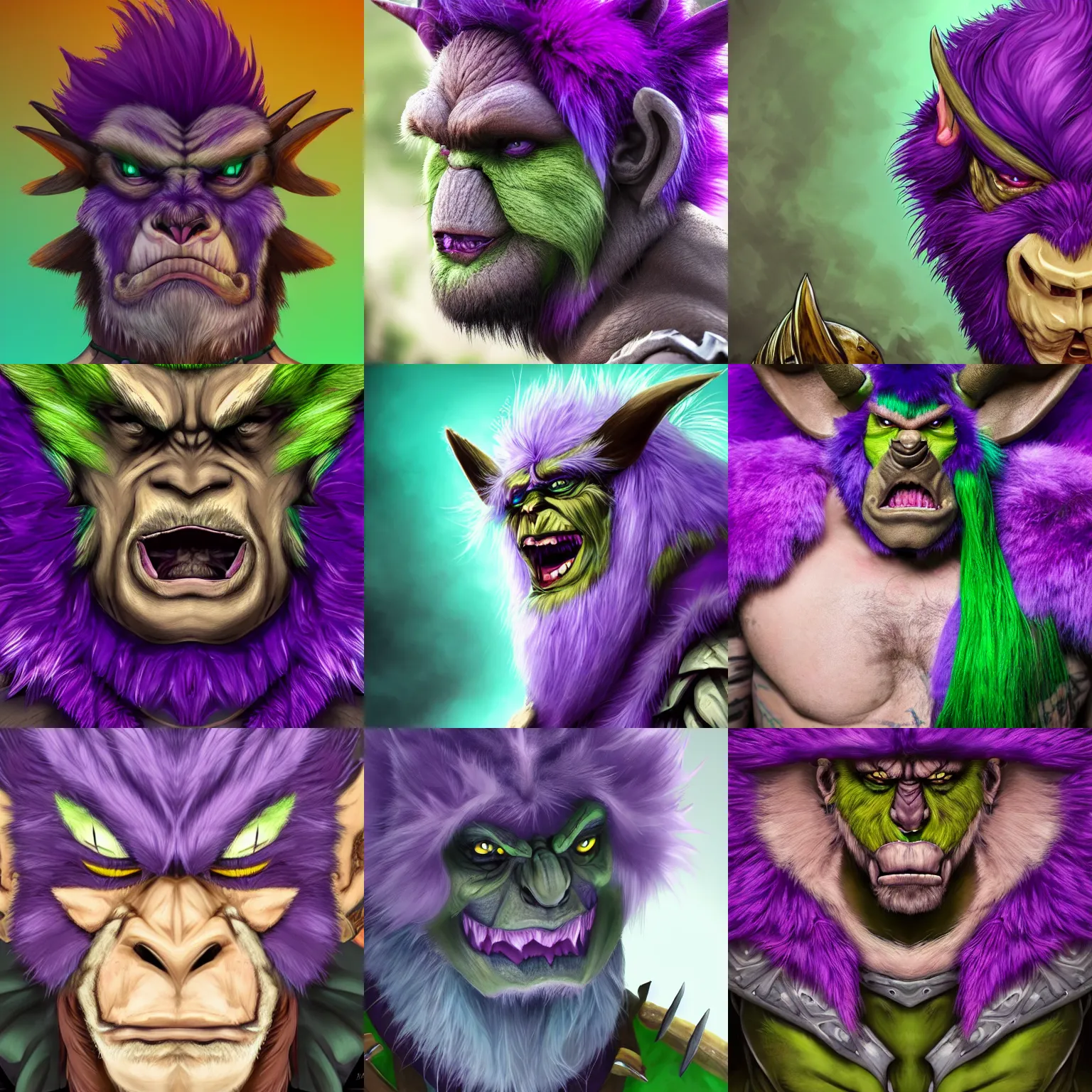 Prompt: super detailed head and shoulder portrait of a Dungeons and Dragons bugbear with purple fur and green hair,he looks angry, Fantasy, 4k, epic, HD, DnD