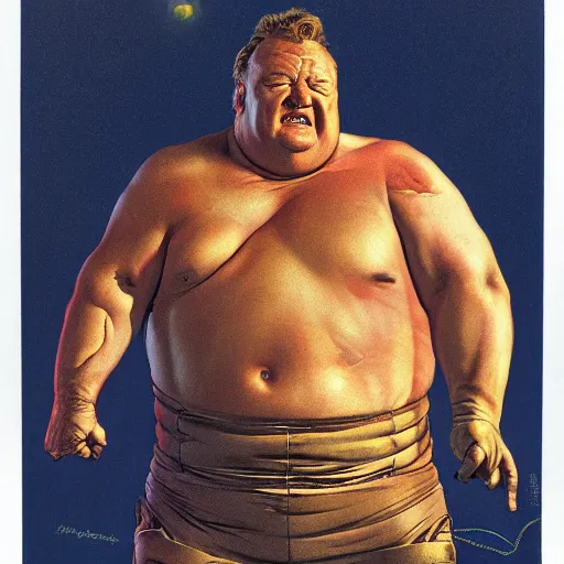 Image similar to dynamic upper body portrait of ray winstone as baron harkonnen in 1982 movie dune, by norman rockwell and boris vallejo