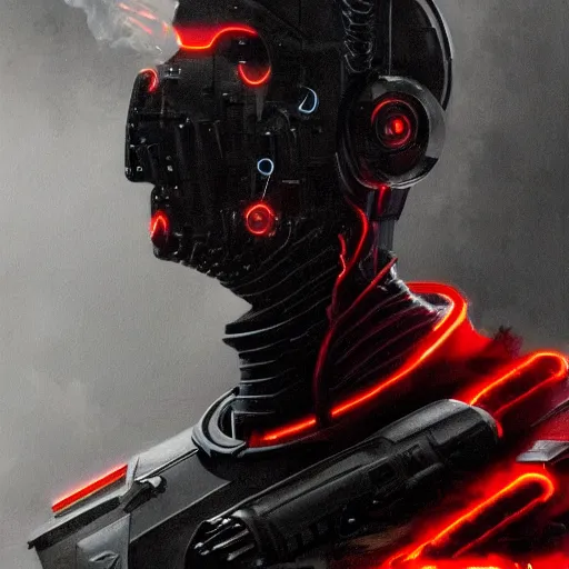 Image similar to a cyborg, cyberpunk, surrounded by smoke, award-winning art, black on red, hyperrealistic, by Sam Spratt, by Vlad Rodrig﻿u﻿e﻿z, computer screens in the background, trending on Artstation, dark, dramatic, cinematic, realistic studio lighting, realistic reflections, realistic light refractions, raytracing, 4k, professional, canon