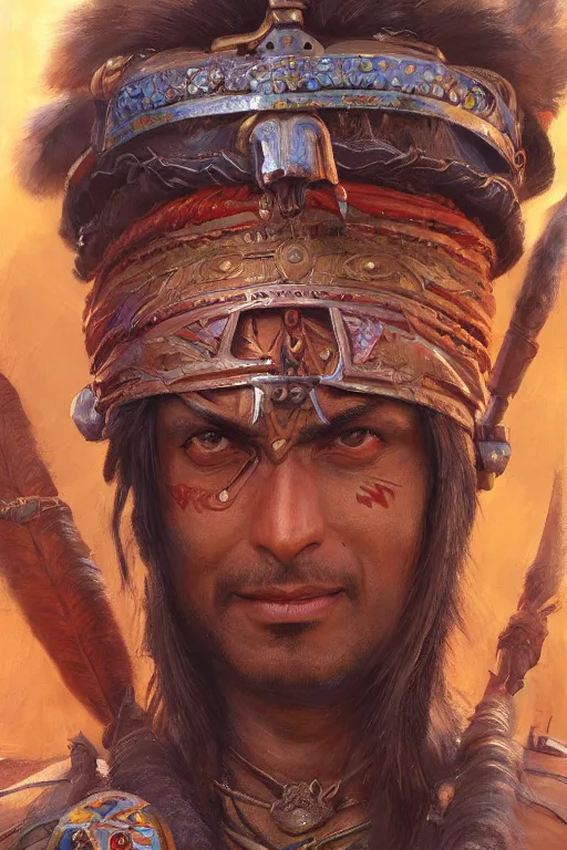 Prompt: Indian warrior, closeup character portrait art by Donato Giancola, Craig Mullins, digital art, trending on artstation