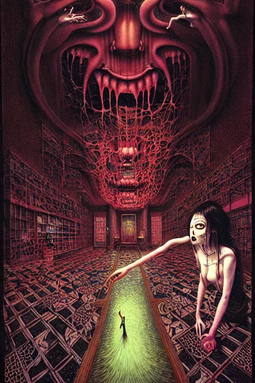 Image similar to a hyperrealistic painting of a haunted hotel lobby with spooky maids and clerk, cinematic horror by chris cunningham, lisa frank, richard corben, highly detailed, vivid color, beksinski painting, part by adrian ghenie and gerhard richter. art by takato yamamoto. masterpiece