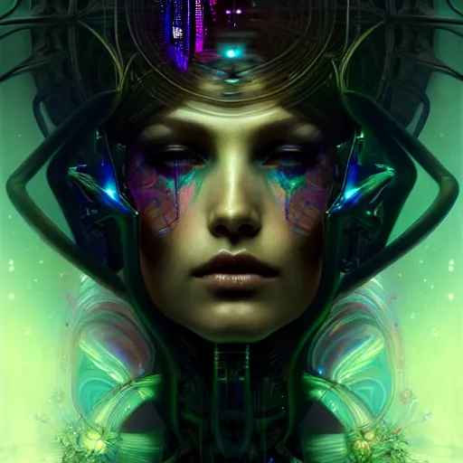 Prompt: extremely psychedelic beautiful cyborg queen of virus infected by night. intricate, elegant, highly detailed, extremely lifelike photorealistic digital painting, artstation. steichen, gaston bussiere, tom bagshaw, cyberpunk alphonse mucha. elegant minimalism. anatomically correct. sultry. sharp focus. surreal lush hallucination