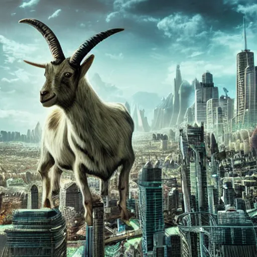 Prompt: a horned goat in a cityscape, intricate, futuristic, ultra realistic, hyper detailed, cinematic, bold,