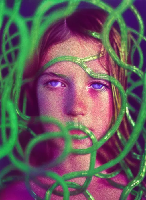 Prompt: realistic photo of a a blurred face of a girl, covered in plastic iridescent vines 1 9 6 0, life magazine photo, natural colors, metropolitan museum, kodak, 8 k, very detailed, high resolution, product photo,