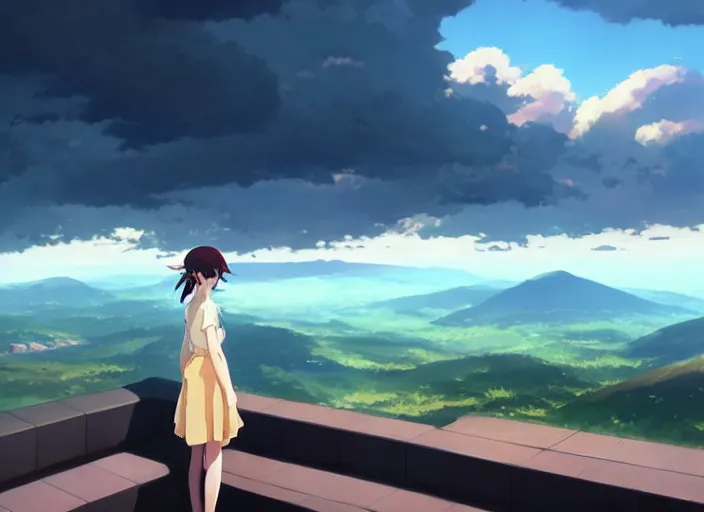 Prompt: a girl standing in a dress looking out a window at mountains, large storm clouds on the horizon, landscape, by makoto shinkai an krenz cushart