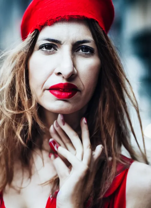 Image similar to color Close-up portrait of a beautiful 35-year-old Italian woman, wearing a red outfit, candid street portrait in the style of Mario Testino award winning, Sony a7R