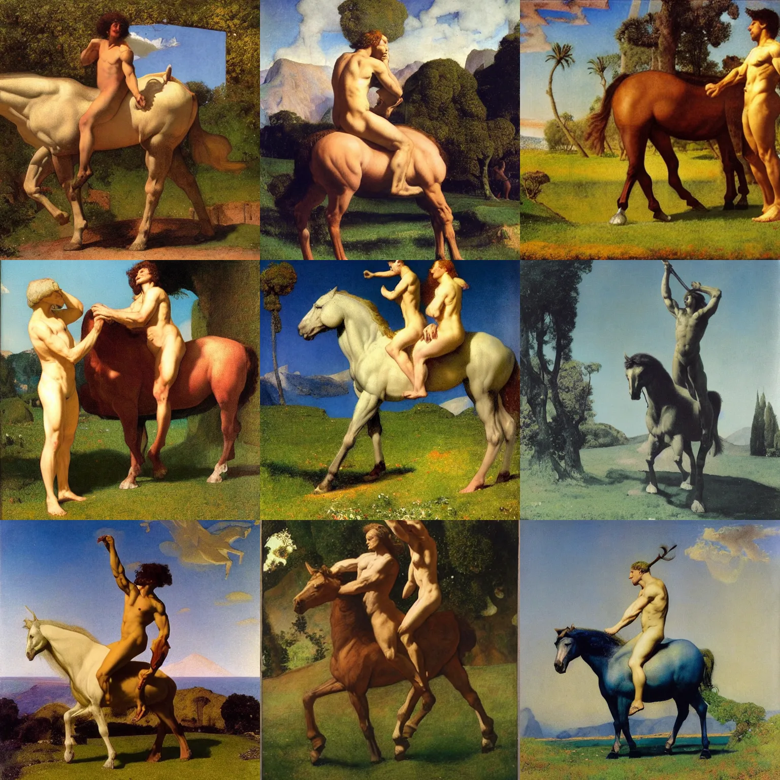 Prompt: artwork by Arnold Böcklin and by Maxfield Parrish showing centaur, horse with a male torso, greek mythology