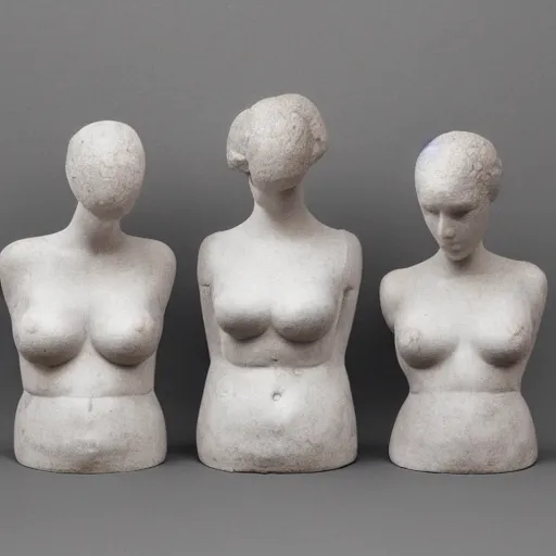 Prompt: Fragmented sculpture of three idealized female nudes missing their heads and facing in different directions